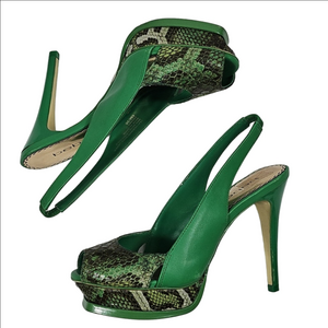 Vintage Y2K Bebe Zahara Green Leather Snakeskin Platform Slingback Stiletto Heel
